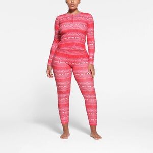 Skims Logo Plush Red Pointelle Lounge Set Henley Top and Pants